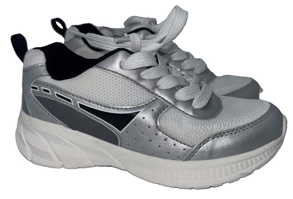 Carter’s Kids Size 1 Little Kid White Silver Gray Lace-Up Sneakers Shoes